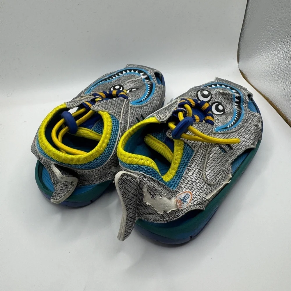Toddler Boy Size 6 Blue and Gray Cartoon Monster Face Water Shoes